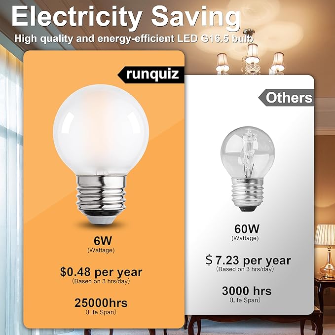 Frosted G16.5 Led Bulb, Matt Vanity Globe Light Bulbs, E26 Dimmable Globe Small Round Edison Light Bulbs, 6w 4000k Vintage LED Filament Edison Bulb
