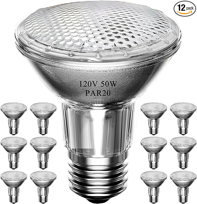 PAR20 50W Halogen Flood Light Bulbs 12PCS, 120V, E26 Medium Base, 2700K Warm White Dimmable for Indoor Spotlight, Range Hood Recessed Light Bulbs