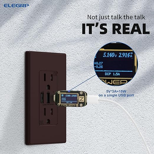 ELEGRP USB Outlets Receptacles, 3-Port Wall Outlet, 30W 6.0A Electrical Outlet, 15 Amp Tamper-Resistant Outlet with Type C Ports, UL Listed, Screwless Wall Plate Included, 10 Pack, Matte Brown