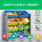 Humble Crew Kids Toy Storage Organizer with 12 Plastic Bins, Grey/Blue/Green/Yellow – Removable Bins for Playroom, Bedroom, Toddler Furniture for Boys and Girls Ages