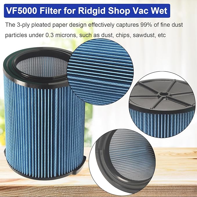 2 Pack VF5000 Filter Replacement for Ridgid Shop Vac 5-20 Gallon Wet Dry Vacuums,3 Layer Pleated Wet/Dry Vacuum Filter Compatible with WD1450 WD0970 WD1270 WD09700 WD06700 WD1680 WD1851 WD1680 RV2400A