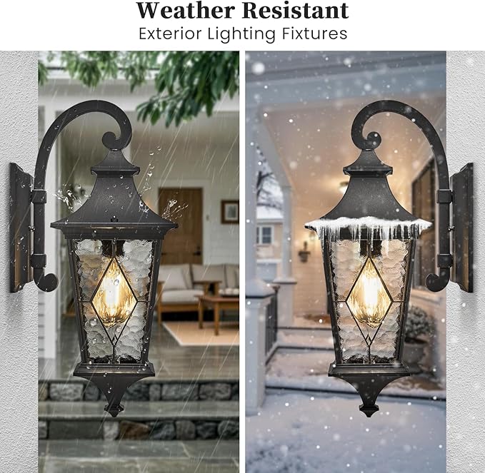 Porch Light Outdoor 14.5 Inch Black Exterior Light Fixtures 2-Pack Outside Light fixtures for House Water Reipple Handmade Solder Glass Aluminum Material and E26 Socket Downwards Installation