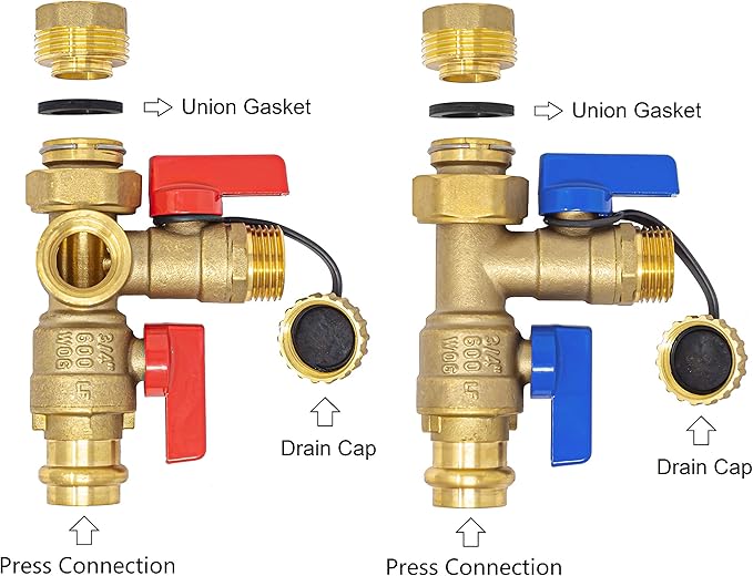 3/4 inch Press Isolation Valve Kit with Pressure Relief Valve for Rheem Tankless Water Heater, FNPT x Press, 3/4'' Service Valve for Rinai, Ecosmart, Navien, Noritz Takagi Bosch