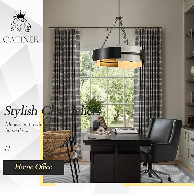 Industrial Drum Chandelier 24" 6-Light Modern Chandelier Black Metal Hanging Light Fixture Weathered Wood Grain for Living Dining Room Foyer Entryway Kitchen