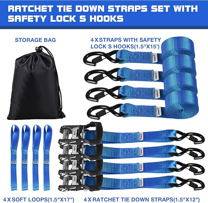 Ratchat Straps Heavy Duty with S Hooks Safety Latches 4 Pack 4400lb1.5 by 15' Tie Down Cargo Straps Ratcheting for Motorcycles,ATVs,Jet Skis,Golf Carts,Lumber,Sport Equipment,Boat,UTV,Roof Rack Blue
