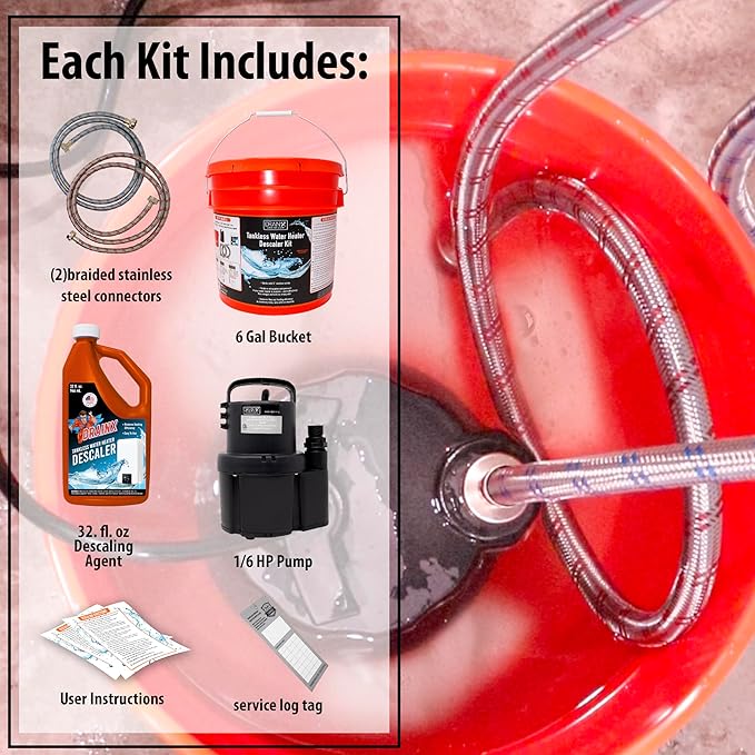 DrainX Tankless Water Heater Flushing Kit with Eco-safe Liquid Descaler Solution, Steel Hoses, 1/6HP Extra Strength Pump