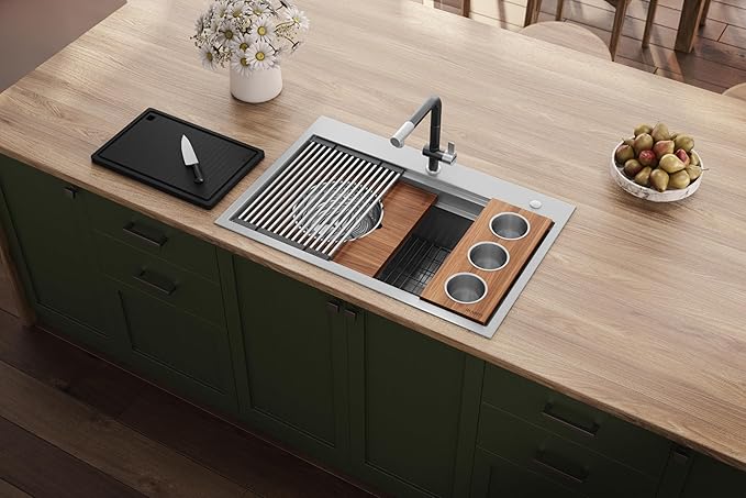 Ruvati 33-inch Two-Tiered Ledge Workstation Kitchen Sink - Drop-in Topmount Kitchen Sink - 16 Gauge Stainless Steel Kitchen Sink with Brushed Finish hides scratches - RVH8424