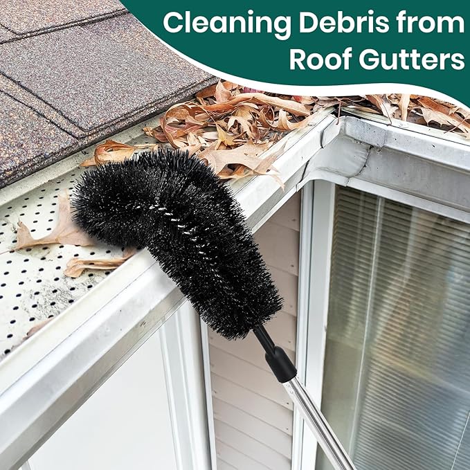 10.5FT Gutter Cleaning Brush with Adjustable Pole - No Ladder, Professional Long Reach Gutter Brush with Replaceable Brush for Removing Leaves and Trash from Roof Gutters