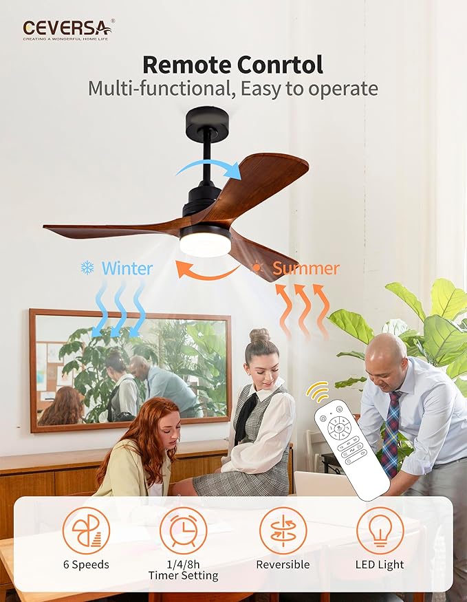 42 Inch Wood Ceiling Fans with Lights and Remote,Outdoor Ceiling Fan for Patios with Dimmable Led Light,Walnut 3 Blades,Memory Modern Fan for Living Room,Office,Indoor
