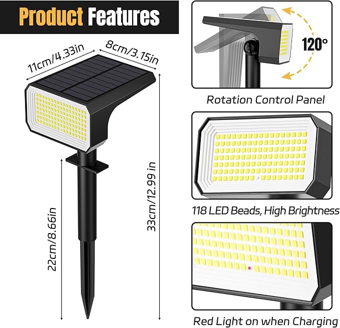 Solar Spot Lights Outdoor, [6 pack/118 LED] 4 Modes Auto On/Off Solar Landscape Spotlights, Ip67 Waterproof Solor Powered Pathway Lights for Outside Yard Garden Walkway Tree Patio (Cool White)