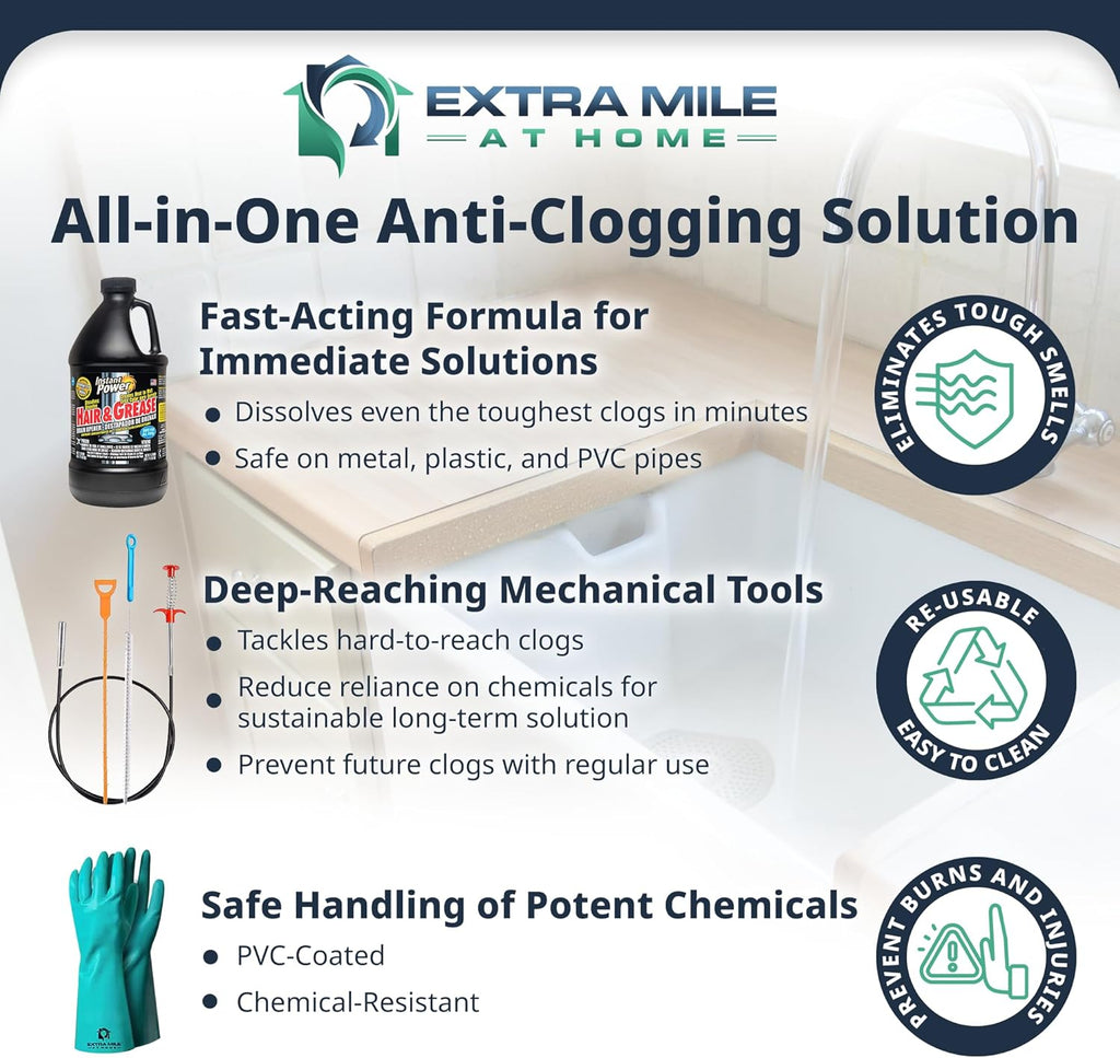 Ultimate Drain Solution Instant Power Hair & Grease Drain Cleaner Opener 2L Bundle with Drain Snake Hair Drain Clog Remover, and Protective Gloves