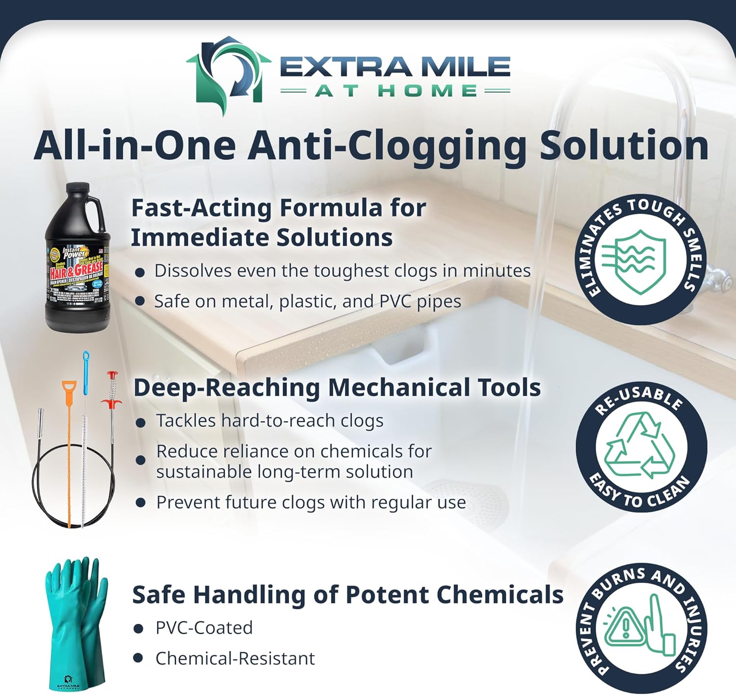 Ultimate Drain Solution Instant Power Hair & Grease Drain Cleaner Opener 2L Bundle with Drain Snake Hair Drain Clog Remover, and Protective Gloves