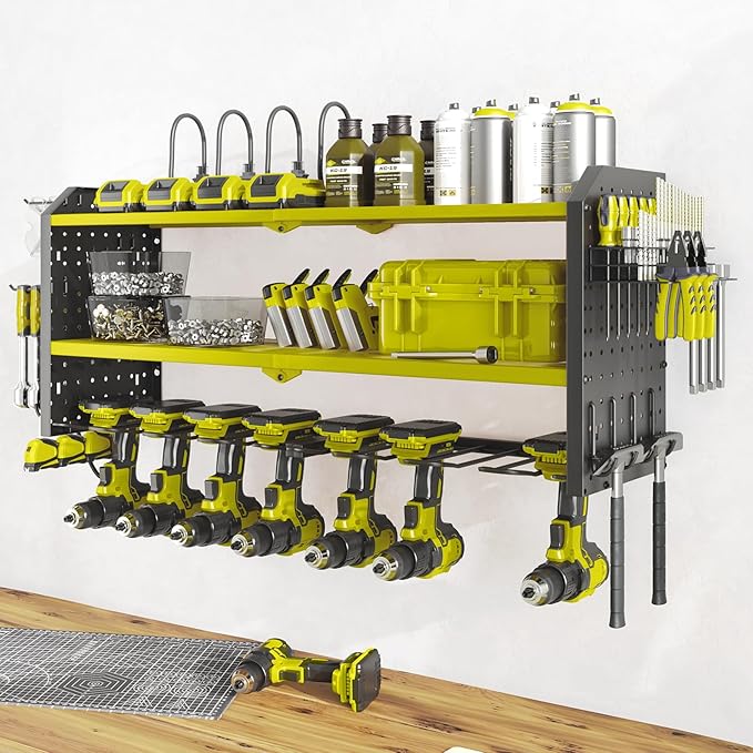 Warome Garage Power Tool Organizer with 8-Outlet Power Strip, Tool Storage Rack Wall Mount with 8 Cordless Drill Holders, Tool Organization Shelf with Charging Station in Green