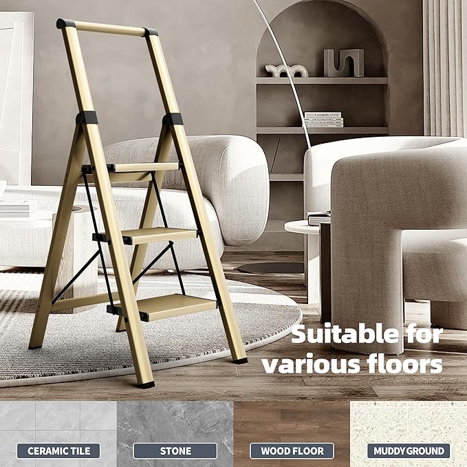 HillhutApex 3 Step Foldable Aluminum Step Ladder with Handgrip, Anti-Slip Pedal, 330 lbs Capacity, Lightweight & Portable for Home, Kitchen, Office, Garage (Gold)