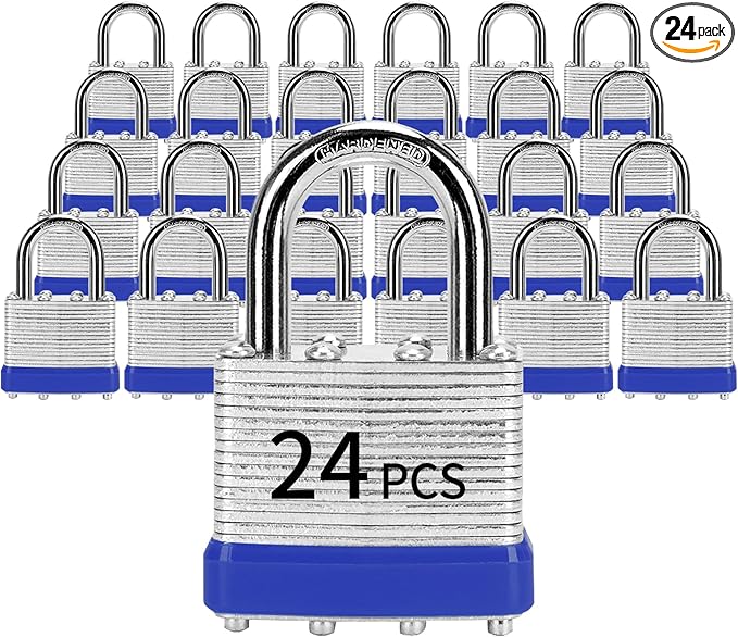 Padlocks with Same Key, LQYN 24 Pcs Laminated Keyed Padlock (1-9/16", 40mm), Keyed Alike Locks, Normal Shackle, for Storage Locker, Hasp Latch, Toolbox, Sheds