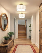 Gold Semi Flush Mount Ceiling Light, 3-Light 12.5" Ceiling Lighting Fixtures with Fabric Shade in Flower Shape, Farmhouse Brass Drum Lights for Nursery Hallway Bedroom, AD-22007-3SF-GD