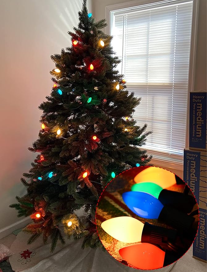 SUNSGNE Christmas Replacement Light Bulbs, C7 LED Ceramic Glass Multicolor Christmas Bulbs, 25 Pack, C7/E12 Candelabra Base, 0.6 Watt