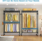 VIPEK R2 Plus Heavy Duty Rolling Garment Rack 3 Tiers Adjustable Wire Shelving Clothes Rack with Double Rods and Side Hooks, Freestanding Wardrobe Storage Rack Metal Clothing Rack, Black