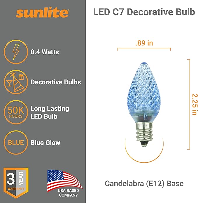 Sunlite 40458 LED C7 Holiday Decorative Light Bulb, 0.4 Watts, E12 Candelabra Base, Faceted Christmas-Lights; Nightlight, Blue 24 Count