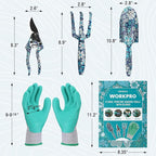 WORKPRO Aluminum Garden Tool Set, 4PCS Heavy Duty Hand Garden Tools with Box Include Trowel, Rake, Pruner, Garden Gloves, Blue Floral, Garden Gifts