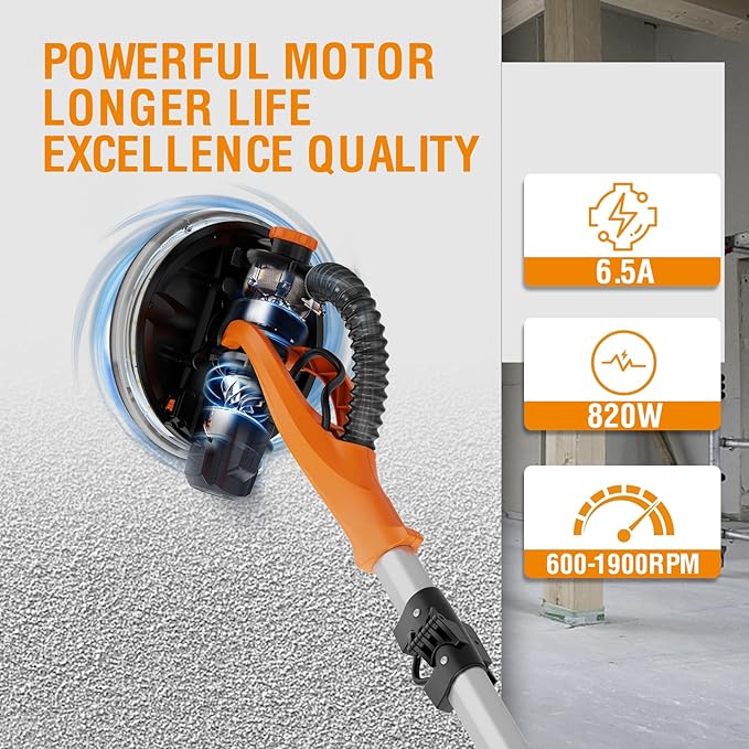 MAXXT Drywall Sander with Vacuum Dust Collection, 6 Variable Speed Foldable Telescopic Electric Wall Sander, Popcorn Ceiling Removal Tool, 1900RPM Power Sander Tool, LED Light, 18Pcs Sanding Discs