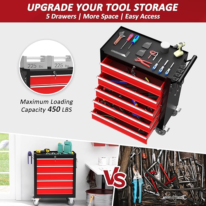 5 Drawers Rolling Tool Chest with Wheels, Portable Rolling Tool Boxes with Wheels, Tool Box Storage Cabinet with Locking System for Garage (BlackRed, 5 Drawers)