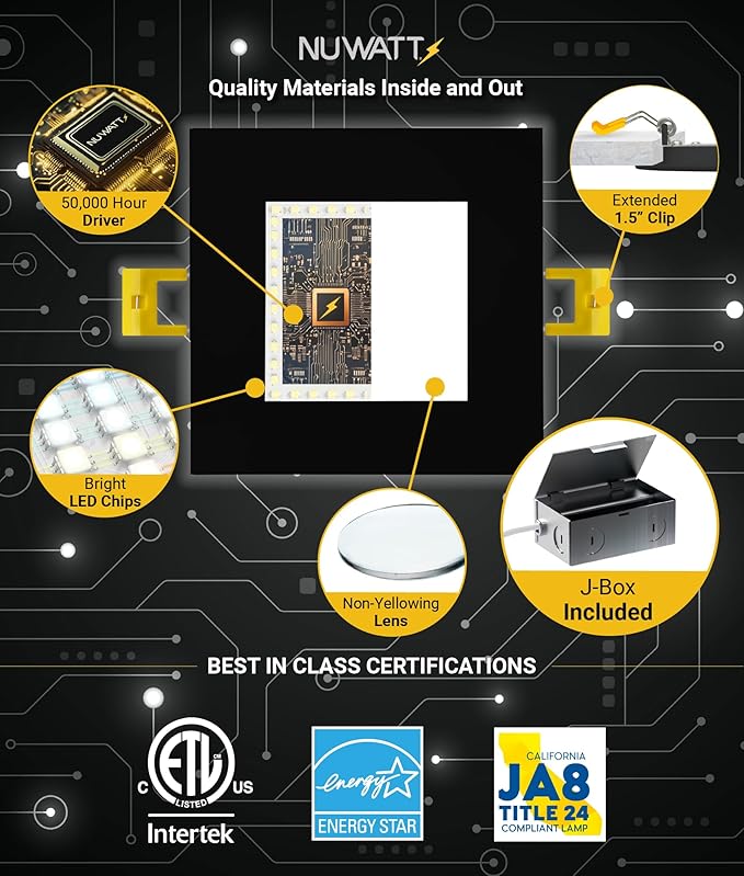 NUWATT 12 Pack 6 Inch Square Ultra-Thin LED Recessed Lighting, Selectable 2700K/3000K/3500K/4000K/5000K, High Brightness 1050 Lumens, Dimmable Black Slim Wafer Light, IC Rated, Metal Junction Box