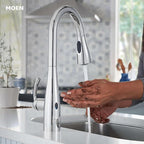 Moen Essie Chrome MotionSense Wave One-Handle Touchless Kitchen Faucet with Pulldown Sprayer and Soap Dispenser, 87014EWC