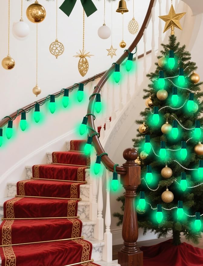 C9 Green Christmas Light Bulbs, 25 Pack C9 Incandescent Replacement Bulbs for Christmas String Light, Candle Lamps, E17 Intermediate Base, 7Watt Night Lights Bulbs