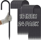 AAGUT 16 Inches 24 Pack Rebar Staks J Hook 3/8” Ground Stakes Heavy Duty with Chisel Point End for Camping Tent, Chain Link Fence, Outdoor Decorations, Inflatables, Black Coated
