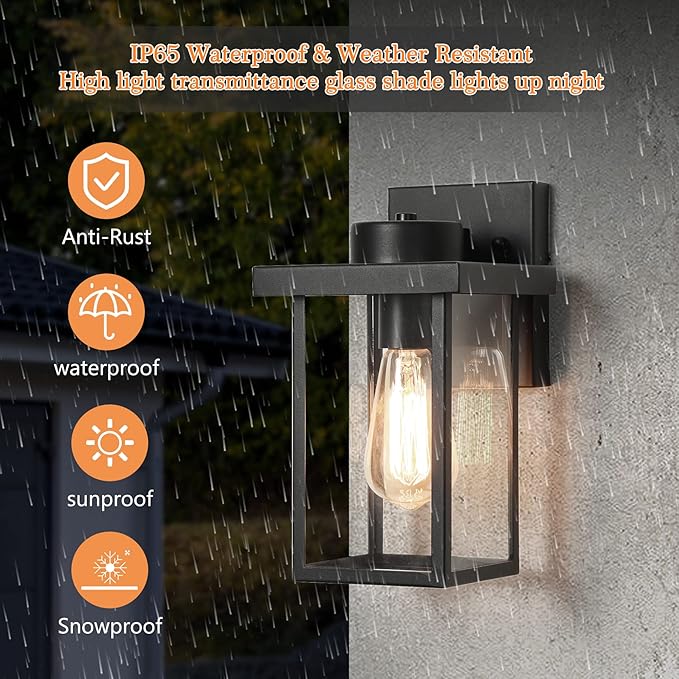 tewei Outdoor Lights for House, 11IN Black Exterior Light Fixtures Anti-Rust Waterproof Outdoor Wall Lantern, Outside Wall Sconce with Clear Glass Shade for Garage, 2 Pack