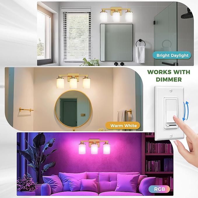 DORESshop 17 Inch Bathroom Light Fixtures, 3-Light Brass Bathroom Lighting Fixtures Over Mirror with Milk Glass Shade, Vanity Lights for Living Room Bedroom