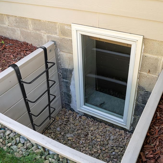 5-Rung Window Well Ladder Hooked, Heavy Duty Steel Fire Escape, Powder-Coated Basement Egress Wall Mounted, 56.2" Lx17.9 W, Black