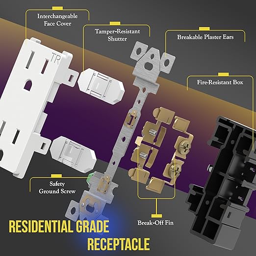 ENERLITES Decorator Receptacle, Tamper-Resistant Wall Outlet, Gloss Finish, Residential Grade, 3-Wire, Self-Grounding, 2-Pole, 15A 125V, UL Listed, 61501-TR-W-40PCS, White (40 Pack)