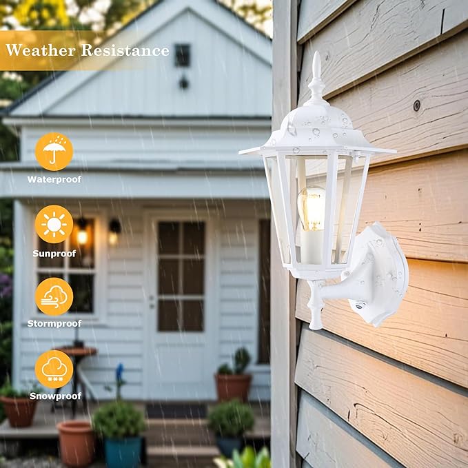 GRUENLICH Dusk to Dawn Outdoor Wall Sconce, Exterior Front Porch Lighting with Clear Glass, White Aluminum Outside Coach Light for Patio Doorway Garage, 1 Pack