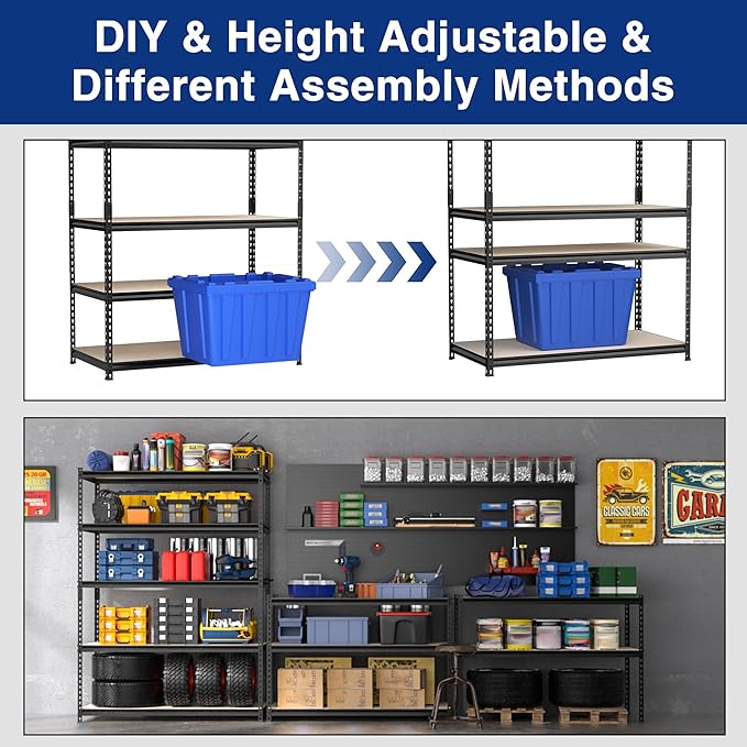 WORKPRO 5-Tier Metal Garage Shelving, 48”W x 24”D x 72”H, Adjustable Storage Rack, Heavy Duty Shelf with Particle Board, 2500 lbs Load Capacity (Total) for Garage, Basement, Warehouse, Kitchen