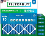 Filterbuy 16x16x2 Air Filter MERV 13 (MPR 1900) Health Defense Replacement (6-Pack), Electrostatic Pleated HVAC AC Furnace Filters, Made in USA (Actual Size: 15.50 x 15.50 x 1.75)