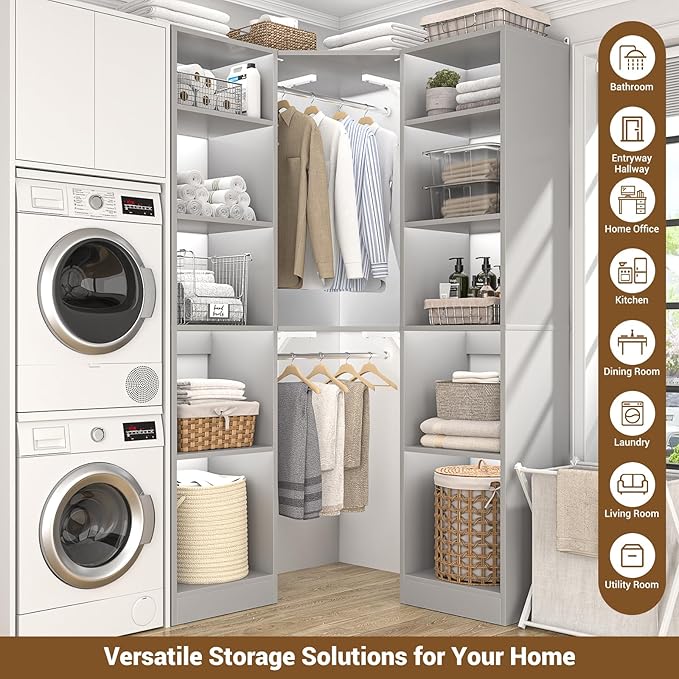 Corner Closet System with 12 Shelves, 39.2" Corner Closet Organizer System with 2 Hanging Rods, Versatile 6-Tier Walk-in Closets for Corner Space, Grey (39.2" L x 39.2" W x 80" H)