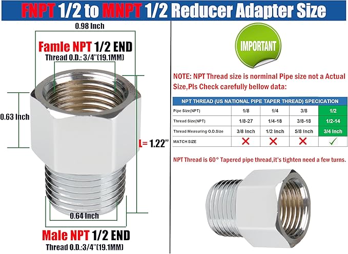 WHK 4-Pack Brass Pipe Fittings - 1/2 Inch Male/Female NPT Reducer Adapter with Chrome Finish