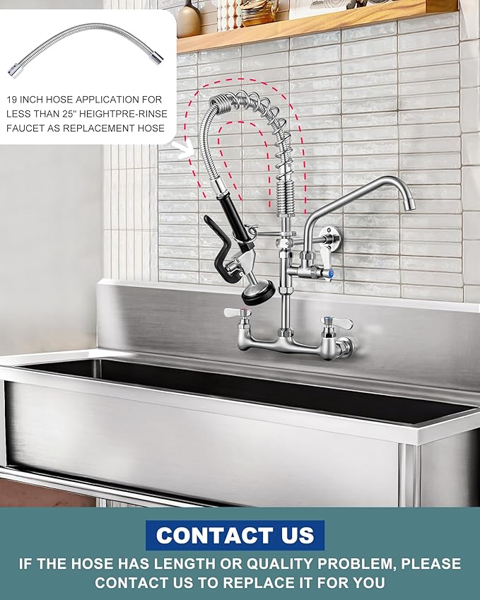 21" Height Commercial Faucet Wall Mount with Sprayer 9.6" Swing Spout 8" Adjustable Center, Kitchen Sink Faucets with Pull Down Pre-Rinse Sprayer for Restaurant Industrial Kitchen, Brushed Nickel