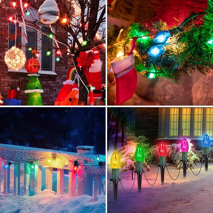 25 Pack C9 Clear Multicolor Replacement Bulbs, 7 Watts Night Light Bulbs, C9 Multicolored Ceramic Incandescent Bulb for Vintage Christmas Lights Outdoor Indoor Home Party Decor, E17 Candelabra Base