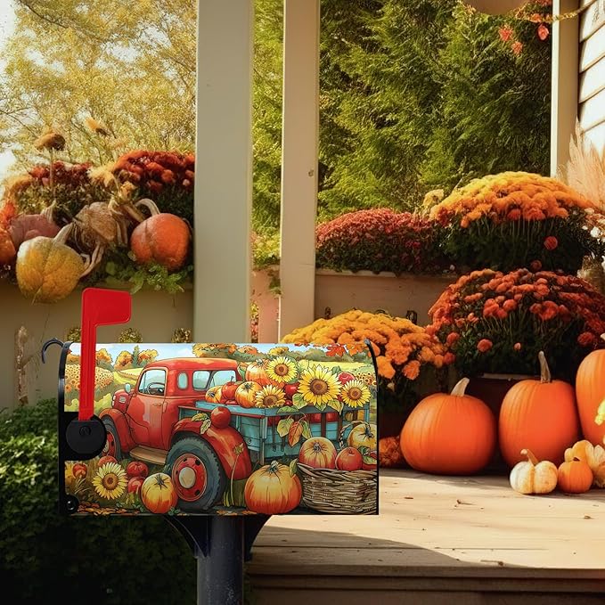 Fall Pumpkins Sunflower Mailbox Covers Magnetic Standard Size 21 X 18 Inch Autumn Red Truck Harvest Mailbox Wraps Cover Thanksgiving Letterbox Cover for Garden Yard Outdoor Decor