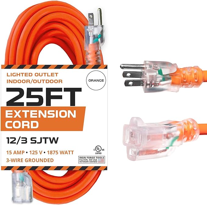 IRON FORGE CABLE 12 Gauge Extension Cord 25 Ft Lighted End - 12 AWG Heavy Duty Cord with 3 Prong, Industrial Grade Orange Outdoor Cable 12/3 SJTW for Major Appliances & HVAC, US Veteran Owned