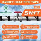 15FT Heat Tape for Water Pipes, -40°F Deicing Cable,Pipe Heating Cables for Roof,Gutter，Farm，Freeze Protetion Heat Trace Cable, Heated Water Hose,Plumbing Fixtures,120V 5W/FT