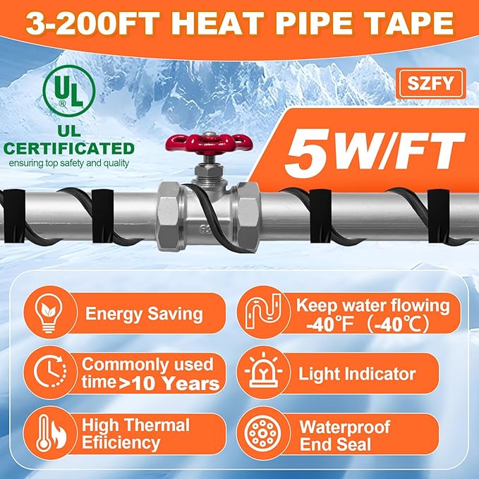 3FT~160FTHeat Tape for Water Pipes, -40°F Deicing Heat Tape,Thermostat Wire,Heating Cable Pipe Heating Cable,Heat Tape with Thermostat,Gutter Heat Cable,Heated hose,Heated Water Hose, 120V 8W/ft (6FT)