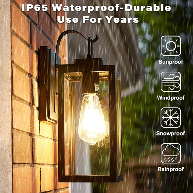 Pia Ricco Outdoor Wall Lights, Matte Black Exterior Light Fixtures with Clear Glass Shade, Waterproof Front Porch Lighting, Modern Sconces Lantern for Outside, House, Garage, E26 Socket, ETL Listed