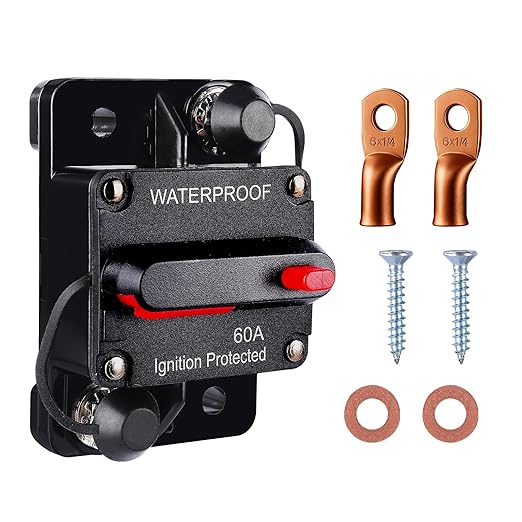 60A Waterproof DC Circuit Breaker with Manual Reset, 12V–48V Inline Fuse with Screws & Terminals for Trolling Motor, Marine, RV, Car Audio, Solar Battery System