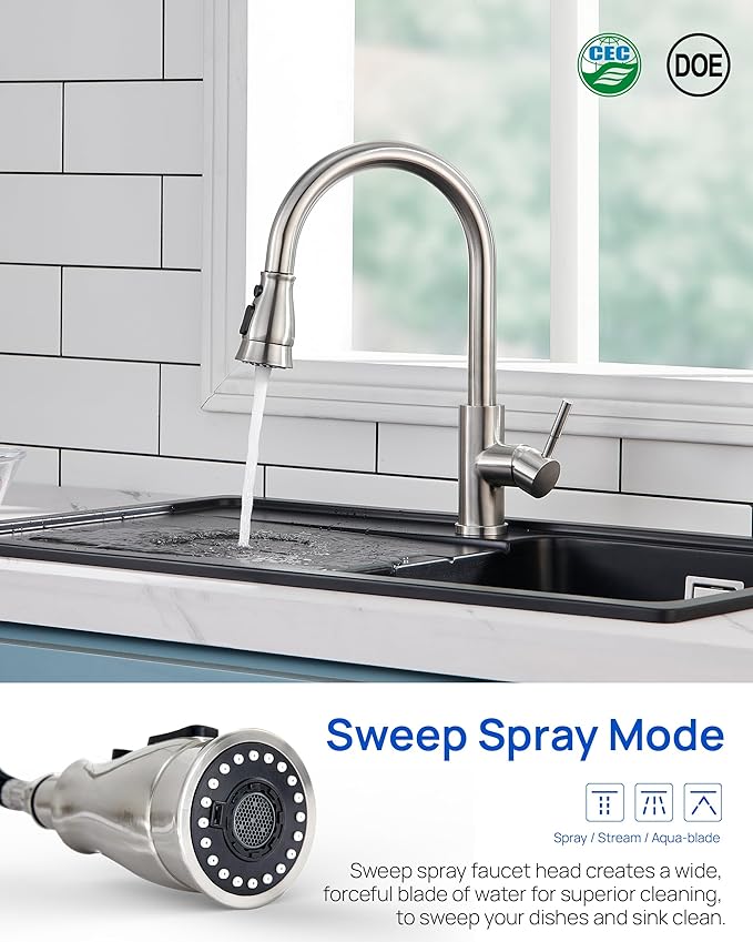 J-HVA Kitchen Faucet Sprayer Head Replacement with 15 Adapters (UPDATED) - Pull Down Kitchen Sink Faucet Spray Nozzle Head Replacement 3-Function Tap Spray Head for Kitchen Sink, Brushed Nickel