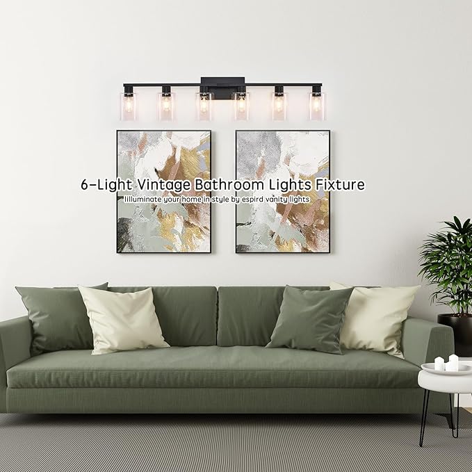 6-Light Vanity Lights,Large Vanity Light for Bathroom Black Vanitii Lights with Clear Glass Shade,Bathroom Light Fixtures Over Mirror