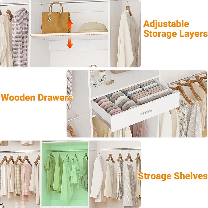 Unikito 8FT Closet System, 96 Inch Walk in Closets Organizer Kit with 4 Extendable Hanging Rods and Drawer, Adjustable Wood Garment Rack, Sturdy Closet Insert, Easy Assembly, Max Load 1000 LBS, White